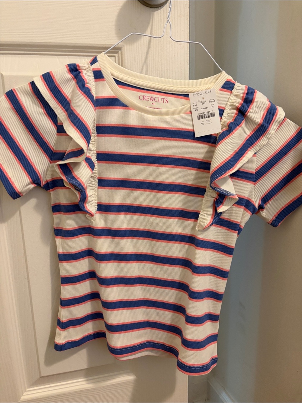 Crewcuts Cream Tee with Blue & Pink Stripes and Ruffle Sleeves